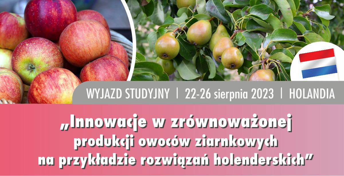 Tablica informacyjna z grafiką o wyjeździe i zdjęciami jabłek i gruszek 